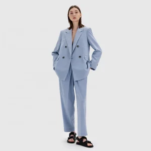 Office Business Two-Piece Suits Wide-Leg Pant Loose Light Blue Blazer Set for Women