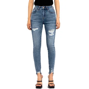 Custom Logo High Waist Tummy Control Ripped Cropped Jeans for Women