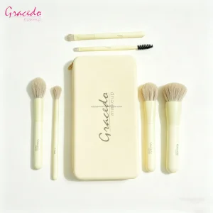 Factory Wholesale 5-Piece Cosmetic Brush Kit Flat Fan Brushes Wood Handle Soft Silicone Storage Pouch Travel-Friendly for Cheek