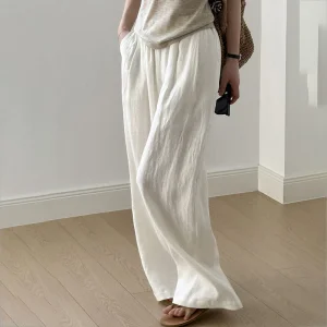 Trendy Thin Linen Trousers with Stretchy Waist for Women