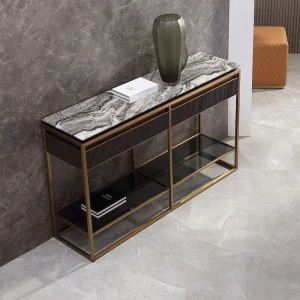 Luxury Gold Stainless Steel Marble Console Table Living Room Furniture Luxurious Modern Console Table with Shelving and Drawers