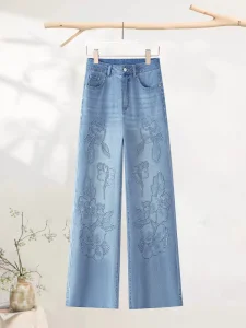 Women's High Waist Wide Leg Denim Jeans with Rhinestone Side Stripe, Casual Straight Leg Loose Fit Blue Denim Trousers for Daily Wear