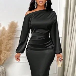 Hot Selling Style Oblique Collar Off-shoulder Satin Dress Women's Pleated Long Sleeve High Quality Elegance Slim Hip Dress OEM
