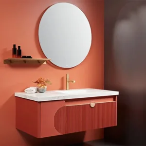 Stylish Modern Red Lacquer Bathroom Vanity Featuring Elegant Gold Accents