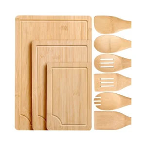 Bamboo Cutting Boards for Kitchen with Wooden Spoons for Cooking