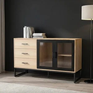 Multifunctional Modern Buffet Storage Cabinet with Glass Doors Coffee Bar Cabinet Solid Wood Sideboard