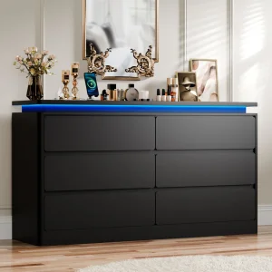 Curved Contour Design Black Nightstand with Charging Station
