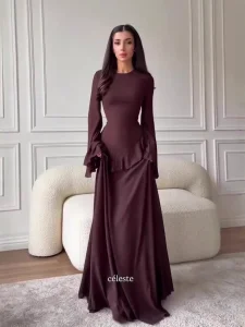 Women's Muslim Modest Long Sleeve Maxi Dress with Cinched Waist | Elegant Graceful Islamic Long Dress for Party &amp; Formal Wear