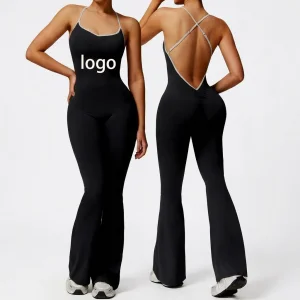 Wholesale Custom Logo Women Backless Yoga Jumpsuit Spaghetti Strap Flared Leg Bodysuit Gym Workout One Piece Bell Bottom Quick