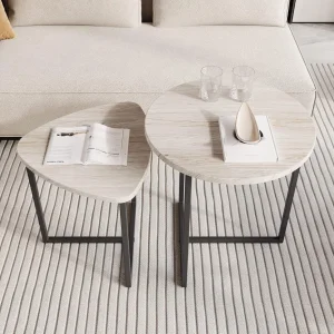 Industrial Wooden Table with Metal Frame Round Coffee Table Set of 2 End Tables