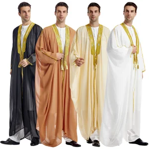 Wholesale New Dubai Embroidered Long Sleeve Chiffon Cardigan Abaya Thobe Islamic Ethnic Men's Clothing for Traditional Muslim
