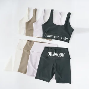 Wholesale Custom Tracksuits Woman Activewear Fitness Apparel Gym Sports Bra and High Waist Biker Shorts Summer Ribbed Yoga Apparel