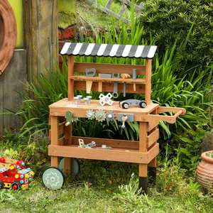 CPC CE Wooden Kids Workbench Outdoor Mud Kitchen Wholesale 2 in 1 Toddler Pretend Play Tool Toy Cart with Wheels