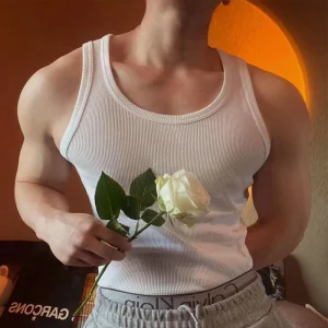 Casual White Men Ribbed Tank Top