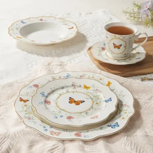 20-Piece Gold Rim Butterfly Floral Pattern Porcelain Tableware Ceramic Dinnerware Set