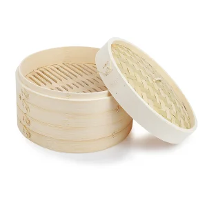Hot Sale Bamboo Steamer 10 Inch 2 Tier Basket for Dumplings Dim Sum Bao Bun Vegetables Rice Meat and Fish
