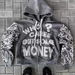 Custom Logo Men's Rhinestone Acid Wash Vintage Puff Printing Pullover Oversized Heavyweight Zip up 100% Cotton Fleece Terry Hoodies for Men