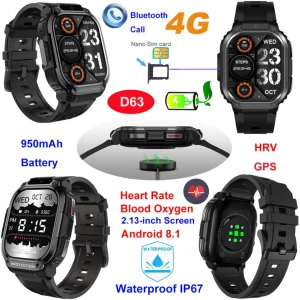 Top quality China factory 4G IP67 waterproof Android 8.1 smart bluetooth phone watch with HRV heart rate blood oxygen monitor for senior healthcare D63