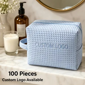 Low MOQ Custom Logo Soft Waffle Makeup Bag Wrist Handle Large Luxury Travel Cotton Toiletry Bag Casual Cosmetic Pouch Wholesale
