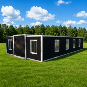 Black Expandable Prefab House Weatherproof Water Resistant Reusable Multi-window Design Grassland Forest Holiday Cabin