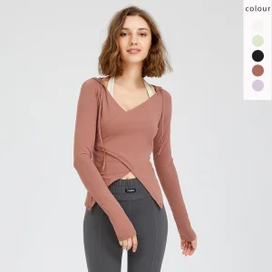 Women Breathable Sports Fitness Cross Front Hoody Yoga Crop Top