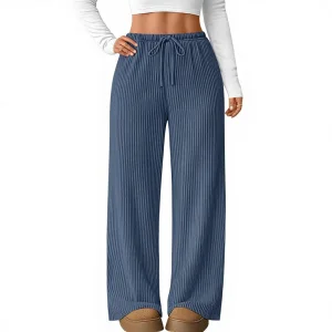 Elastic Knitted Ribbed Wide Leg Autumn/Spring Work Trousers with Drawstring Waist Polyester Spandex Blend Casual