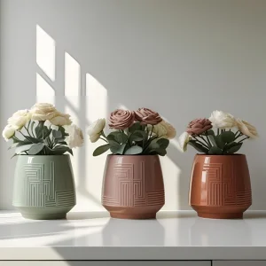 Cheap Glossy Geometric Embossed Ceramic Planter Trio Indoor Home Decor Pot VDLK4734 Supplier, Factory