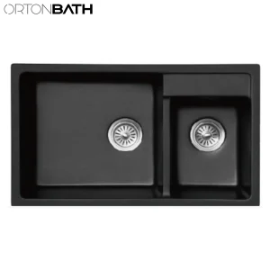 Ortonbath Two Bowl Undermount Insert Granite Sink with Overflow Hole Black Granite Composite Kitchen Sink