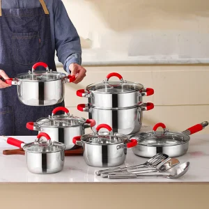 16 Pieces Stainless Steel Pot Set with Red Silicone Handle Non Stick Cookware