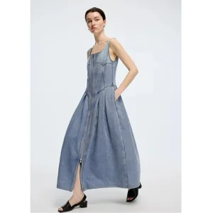 Wholesale High-End Sleeveless Front Full Zipper Closure Waist-Cut Long Fit Denim Women Strap Dress for Summer