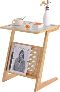 Mesa lateral de sofá para sala de estar feita de bambu, mesa de cabeceira para quarto, mesa de café pequena tecida em rattan japonês