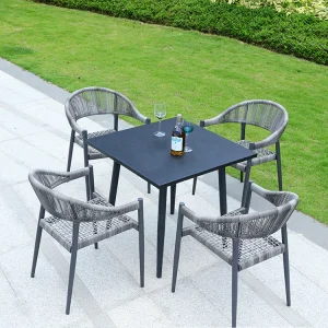 Modern Gray Garden 5 Piece Dining Set Furniture Outdoor Patio Bistro Woven Rope Aluminum Square Table and 4 Seater Chairs