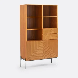 Scandinavian Open Display Storage Shelf Unit Made of Solid Wood with Natural Oak Finish &amp; Woven Rattan Baskets for Modern Apartment or Study Organization