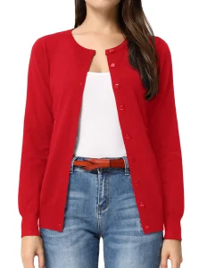 Simple Style Long Sleeve Button Down Crew Neck Classic Sweater Knit Cardigan