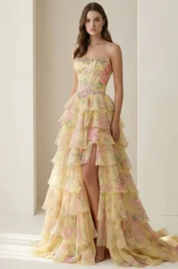 Yellow - Strapless A Line Floral Chiffon Ruffled Prom Dresses with Beading Evening Dress Prom Dress Sexy Dress Vestido De Noche Girl Dress Layered Dress