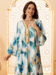 Novo Vestido Longo de Manga Longa Casual Estampado Elegante para Mulheres Muçulmanas