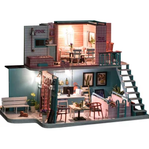 Wooden Doll House Toy for Kids Miniature Doll House Furnishings Pink Cafe
