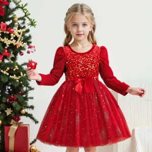 Luxury Girls Christmas Red Sequin Dress Kids Velvet Tulle Long Sleeve Princess Gown for Holiday Party