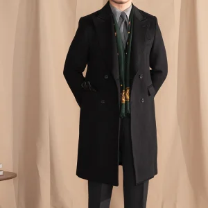 Gentry Woolen Double-Breasted Mid-Length Coat Jacket British Italian Winter Style with Long Closure