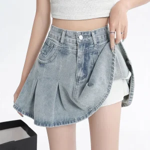 Low MOQ Women High-Waist Pleated Denim Skort Vintage Washed A-Line Mini Skirt