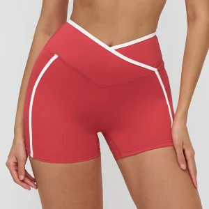 Seamless Color-Block Yoga Shorts with Cross Waistband - Slim-Fit for Outdoor Running, Fitness &amp; Workouts