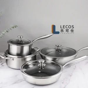 LECOS Professional Vendor Kitchen Accessories Set 8 Piece Cooking Pots Set Fry Pan Nonstick Coating Stainless Steel Cookware Set