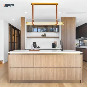 Minimalist Natural Wood Finish Glass Door Kitchen Cabinet with Elegant Curved Island