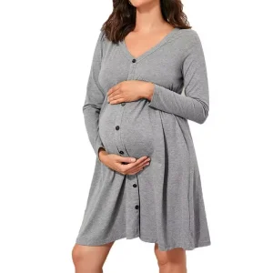 Organic Cotton Long Sleeve Maternity Dress V-Neck Button Front Breathable Knitted Summer Pajama Sets
