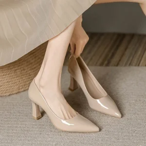 Factory Wholesale | Elegant Patent Leather Pointed - Toe Pumps, Nude Chunky Heel Dress Shoes