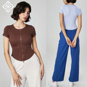 Camiseta Esportiva Slim Fit Feminina com Gola Redonda e Zíper, Roupas de Yoga Casuais, Cintura Slim, Roupas de Treino de Manga Curta para Academia