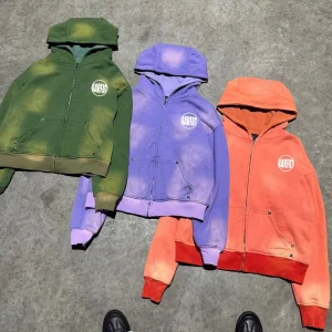 Street Wear Custom Heavyweight Cotton French Terry Sun Faded Acid Wash Vintage Zipper Cropped Boxy Hoodie Zip-up for Men