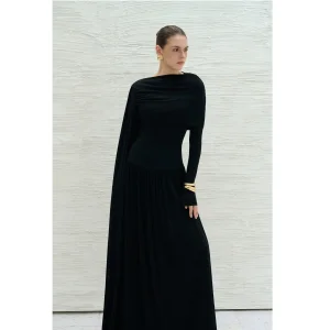 Wholesale Evening Dresses Elegant DANNY DRAPED LONG DRESS Long Sleeve 95% Acetate 5% Spandex Long Sleeve Womens Dresses