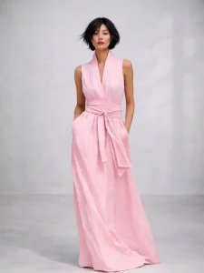 Vestido Maxi Sem Mangas de Decote em V com Cinto