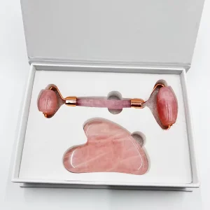 Custom Logo Rose Quartz Gua Sha Roller Face Massager Set